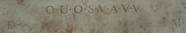 Bild der Buchstabeninschrift in Shugborough Hall: OUOSVAVV, und DM in der Zeile darunter.